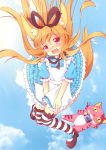  alice_in_wonderland animal_ears apron blush brown_hair camera cat cheshire_cat dog_ears dress dress_tug elin_(tera) falling grin highres kt_cano long_hair mary_janes open_mouth red_eyes ribbon shoes sky smile striped striped_legwear tail tears tera_online thigh-highs wind_lift 
