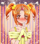  1girl alternate_costume alternate_hairstyle blush brown_eyes brown_hair embarrassed flower gloves hair_flower hair_ornament halloween jack-o&#039;-lantern kagami_chihiro precure pumpkin rose shirabe_ako short_hair short_twintails solo striped striped_background suite_precure tiara twintails yellow_rose 