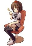  1girl black_legwear blush book brown_hair chair glasses hat highres one_eye_closed pointy_ears puffy_short_sleeves puffy_sleeves red_eyes shameimaru_aya short_hair short_sleeves sitting sleepy slippers solo tanakara tears thigh-highs tokin_hat touhou wavy_mouth yawning 