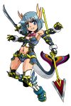  adapted_costume amazing-c blue_eyes blue_hair dual_wielding fish_tail gauntlets greaves grin horns mahou_shoujo_madoka_magica midriff multiple_arms navel oktavia_von_seckendorff polearm short_hair simple_background smile spear sword weapon white_background 