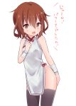  1girl alternate_costume black_legwear blush brown_eyes brown_hair china_dress chinese_clothes fang hair_ornament hairclip ica ikazuchi_(kantai_collection) kantai_collection looking_at_viewer no_panties open_mouth short_hair simple_background smile solo thigh-highs translation_request white_background 