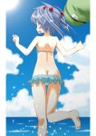  1girl akagiakemi arms_up ass back bikini bikini_bottom bikini_top blue_eyes blue_hair blue_sky blush butt_crack clouds cloudy_sky fangs from_behind hair_bobbles hair_ornament hat hat_removed headwear_removed kawashiro_nitori leg_up midriff ocean open_mouth outstretched_arms sky smile soles swimsuit touhou twintails water 