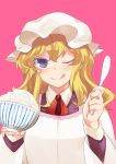  1girl apron blonde_hair bowl dress food food_on_face hat long_hair maribel_hearn one_eye_closed pink_background rainx0z ribbon rice rice_on_face simple_background smile solo spoon tongue tongue_out touhou violet_eyes 