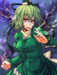  1girl breasts dress electricity green_hair hat highres large_breasts lightning_bolt looking_at_viewer open_mouth short_hair smirk soga_no_tojiko solo tanakara tate_eboshi touhou war_paint yellow_eyes 
