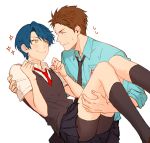 1boy 1girl blue_hair brown_eyes brown_hair carrying gekkan_shoujo_nozaki-kun green_eyes hetero hori_masayuki kanapy kashima_yuu necktie princess_carry school_uniform short_hair shorts_under_skirt smile sparkle sweatdrop vest