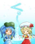  &gt;_&lt; 2girls :3 :d absurdres ascot backpack bag blood blood_from_mouth chamawatari chibi cucumber drink fang flandre_scarlet glass hand_on_hip hat highres holding kawashiro_nitori key mob_cap multiple_girls open_mouth side_ponytail smile touhou translation_request two_side_up wings x3 xd 