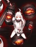  1girl ahoge dress highres horns kantai_collection long_hair looking_at_viewer mittens northern_ocean_hime open_mouth pale_skin red_eyes shinkaisei-kan shirogane_usagi solo white_dress white_hair white_skin 