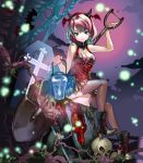  1girl absurdres animal arm_up bare_arms bat bat_wings blue_eyes blue_fire boots breasts chushengdao cleavage cross dress fire fishnet_legwear fishnets halloween head_wings highres horns lantern looking_at_viewer original short_hair shovel sitting skull solo thigh-highs tree_branch wings worktool 