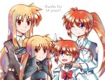  4girls age_progression anniversary artist_request blonde_hair blue_eyes blush brown_hair cape dual_persona fate_testarossa hair_ribbon hands_on_shoulders long_hair lyrical_nanoha magical_girl mahou_shoujo_lyrical_nanoha mahou_shoujo_lyrical_nanoha_strikers military military_uniform multiple_girls older one_eye_closed red_eyes ribbon sailor_collar short_hair side_ponytail smile takamachi_nanoha twintails uniform violet_eyes younger 