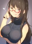  1girl :q breast_hold brown_eyes brown_hair bust glasses itsuwa_(lethal-kemomimi) long_hair looking_at_viewer original red-framed_glasses ribbed_sweater semi-rimless_glasses sleeveless sleeveless_turtleneck solo sweater tongue tongue_out turtleneck under-rim_glasses watch watch 
