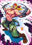  1boy abs alex_(street_fighter) blonde_hair blue_eyes clothes_around_waist combat_boots emphasis_lines facial_tattoo fingerless_gloves gloves headband long_hair male manos_lagouvardos muscle open_mouth overalls shirtless solo street_fighter street_fighter_iii tattoo tearing_clothes torn_clothes 