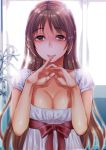  1girl blouse breasts brown_eyes brown_hair bust cleavage finger_to_mouth kawai_fuguri long_hair looking_at_viewer original solo 