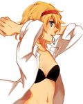  1girl alice_margatroid arms_up blonde_hair blue_eyes bra bust collared_shirt hairband hosomitimiti mouth_hold navel open_clothes open_shirt profile short_hair simple_background solo touhou underwear white_background 