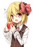  1girl apple blonde_hair bow fang food fruit hair_bow hair_ornament hair_ribbon holding looking_at_viewer red_eyes ribbon rumia short_hair simple_background sketch solo touhou translation_request white_background yuuhagi_(amaretto-no-natsu) 