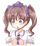  1girl bow brown_hair bust hair_bow hat himekaidou_hatate long_hair necktie nibi open_mouth puffy_short_sleeves puffy_sleeves shirt short_sleeves sketch solo tokin_hat touhou twintails violet_eyes 