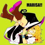  1girl blonde_hair boots bow braid character_name cross-laced_footwear green_background grin hair_bow hat hat_bow hat_tip hosomitimiti kirisame_marisa leg_hold legs_up long_hair looking_at_viewer lying on_back one_eye_covered outline sash side_braid simple_background skirt smile solo star touhou turtleneck vest witch_hat wristband yellow_eyes 