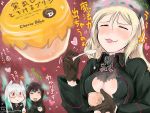  3girls :3 :d =_= animal_ears black_bra blonde_hair blush bra breasts brown_gloves brown_hair cat_ears cleavage closed_eyes dog_ears eating food glasses gloves head_wings hear heart heidimarie_w_schnaufer heinrike_prinzessin_zu_sayn-wittgenstein helmina_lent hirschgeweih_antennas holding holding_spoon iron_cross jacket long_hair long_sleeves military military_uniform mishiro_shinza motion_lines multiple_girls open_clothes open_jacket open_mouth red_eyes short_hair silver_hair smile spoon strike_witches tongue tongue_out translation_request underwear uniform 