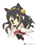  1girl animal_ears artist_name black_hair brown_eyes cat_ears cat_tail chameleon_man_(three) chibi detached_sleeves hair_ornament hairband hairclip haruna_(kantai_collection) kantai_collection kemonomimi_mode long_hair looking_at_viewer lying nontraditional_miko ribbon-trimmed_sleeves ribbon_trim simple_background solo tail thigh-highs white_background 