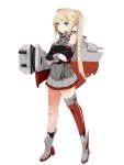  1girl alternate_hairstyle bismarck_(kantai_collection) blonde_hair blue_eyes crossed_arms detached_sleeves full_body kantai_collection kskasutera long_hair machinery no_hat ponytail single_thighhigh skirt solo standing thigh-highs unfinished 