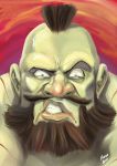  1boy beard blue_eyes brown_hair close-up face facial_hair lips manos_lagouvardos mohawk mustache nose raised_eyebrow scar solo street_fighter sweatdrop zangief 