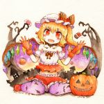  1girl bare_shoulders bat_print blonde_hair candy chocolate collarbone colored_pencil_(medium) fangs flandre_scarlet gloves halloween halloween_costume highres jack-o&#039;-lantern midriff navel open_mouth pantyhose red_gloves shiro_tsugumi short_sleeves sitting smile solo touhou traditional_media wariza watercolor_(medium) watercolor_pencil_(medium) wings 