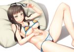  1girl bangs bikini black-framed_glasses blush breasts brown_hair gundam gundam_build_fighters gundam_build_fighters_try h_kasei looking_at_viewer lying on_back shadow shinoda_eri smile solo swimsuit white_background yellow_eyes 