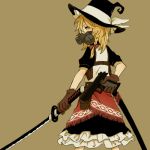  1girl blonde_hair blouse bow braid cowboy_shot dual_wielding from_behind gas_mask gloves gun handgun hat hat_bow holster hosomitimiti katana kirisame_marisa looking_at_viewer looking_back one_eye_covered scabbard sheath short_hair side_braid simple_background skirt sword tan_background touhou weapon witch_hat yellow_eyes 