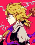  1girl apron bandaid_on_face bow braid broom bust carrying_over_shoulder electricity expressionless hair_bow hosomitimiti kirisame_marisa profile red_background short_hair side_braid solo spiky_hair strap touhou turtleneck yellow_eyes 