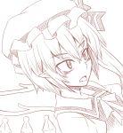  1girl asphyxiation bust choking collarbone flandre_scarlet highres monochrome pointy_ears ringed_eyes sketch slit_pupils solo tanakara tongue tongue_out touhou tsurime wings 