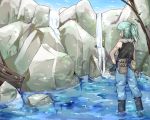  1girl ahoge alternate_costume alternate_hairstyle aqua_hair black_gloves boots denim from_behind gloves hand_on_hip hiyashi_mikan jeans kawashiro_nitori pants partially_submerged pointy_ears rock scarf side_ponytail sleeveless sleeveless_shirt solo tool_belt touhou water waterfall 