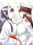  2girls breast_press buntaichou copyright_request female_admiral_(kantai_collection) hat horns japanese_clothes kantai_collection long_hair miko military military_uniform multiple_girls naval_uniform pointy_ears symmetrical_docking translation_request uniform 