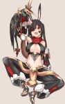  animal_ears arm_up bare_shoulders bird black_hair breasts cleavage detached_sleeves eyepatch flower highres long_hair mask midriff open_mouth original rabbit_ears red_eyes rose sandals scarf shirogane_usagi sitting smile twintails 