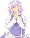  1girl blush breasts hat highres kokka_han large_breasts lavender_hair letty_whiterock long_sleeves short_hair simple_background sketch smile solo touhou white_background 