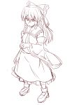  1girl absurdres angry ascot bow collarbone detached_sleeves frilled_shirt_collar frown hair_bow hair_tubes hakurei_reimu highres long_hair long_skirt looking_down monochrome open_mouth sketch skirt solo tanakara touhou tsurime 