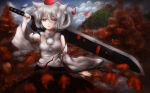  1girl animal_ears autumn_leaves bare_shoulders breasts detached_sleeves hat inubashiri_momiji leaf looking_at_viewer nature over_shoulder pom_pom_(clothes) red_eyes ribbon-trimmed_sleeves ribbon_trim short_hair silver_hair solo sword tokin_hat touhou weapon weapon_over_shoulder wolf_ears 