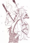  1girl arrow arrow_in_head bandaid_on_face blood bow cigarette collared_shirt cowboy_shot fujiwara_no_mokou hair_bow hand_in_pocket hosomitimiti long_hair looking_up monochrome open_collar profile scratches smoking solo stabbed suspenders sword tears touhou weapon 