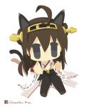  1girl ahoge animal_ears artist_name black_eyes brown_hair cat_ears cat_tail chameleon_man_(three) chibi detached_sleeves double_bun hair_bun hairband kantai_collection kemonomimi_mode kongou_(kantai_collection) long_hair looking_at_viewer nontraditional_miko ribbon-trimmed_sleeves ribbon_trim simple_background sitting solo tail thigh-highs white_background 