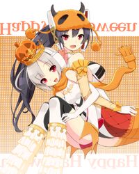  2girls asymmetrical_legwear bare_shoulders black_hair borrowed_character breasts crown elbow_gloves gloves happy_halloween headgear horns jack-o&#039;-lantern leotard locked_arms long_hair looking_at_viewer multiple_girls original panties ponytail pumpkin red_eyes red_panties scarf silver_hair smile suzushiro_nazuna thigh-highs underwear 