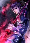  1boy blue_hair fate/stay_night fate_(series) gae_bolg highres janne_cherry lancer long_hair polearm ponytail red_eyes solo spear weapon 