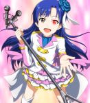  1girl :d ascot blue_hair blue_rose boots brown_eyes coattails epaulettes flower frilled_skirt frills glowing glowing_eye hair_flower hair_ornament highres idolmaster idolmaster_movie kisaragi_chihaya knee_boots kouchou looking_at_viewer magical_girl microphone microphone_stand open_mouth outstretched_hand pink_background rose skirt smile solo the_sleeping_beauty_(idolmaster) 