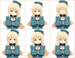  1girl atago_(kantai_collection) beret blonde_hair breasts bryanz09 emofuri expressions green_eyes hat highres kantai_collection large_breasts long_hair military military_uniform simple_background smile solo uniform white_background 