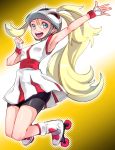  1girl :d armpits bicycle_helmet bike_shorts blonde_hair blue_eyes bu-kunn helmet koruni_(pokemon) long_hair open_mouth pokemon pokemon_(game) pokemon_xy ponytail roller_skates skates smile solo 