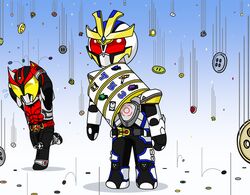  2boys belt buttons kamen_rider kamen_rider_drive_(series) kamen_rider_ixa kamen_rider_kiva kamen_rider_kiva_(series) male mask multiple_boys parody redol slot_machine 