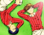  2boys ball blue_hair brown_hair multiple_boys nohko offside_(manga) satou_shingo short_hair soccer_ball soccer_uniform sportswear yakumaru_hideki 