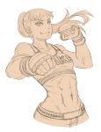  1girl abs clenched_hands drawfag fighting_stance flat_chest grin highres ishido_natsuo long_hair mixed_martial_arts monochrome navel sketch smile solo sports_bra teppuu 