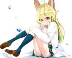  animal_ears blonde_hair covering covering_breasts dog_ears elin_(tera) kneehighs knees_on_chest legs long_hair no_tail open_clothes open_shirt red_eyes school_uniform shirt sitting skirt tera_online 