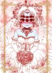  1girl bare_shoulders blue_skin blush bouquet dress elbow_gloves extra_eyes fair-chan flower gloves jewelry monster_girl original partially_colored popsicle_stick red_eyes short_hair solo sugiya_manao tears veil wedding_dress 