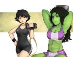  2girls 34no404 abs armpits arms_behind_head black_hair blue_eyes breasts brown_eyes choker cleavage crop_top crossover dumbbell exercise female green_skin hand_on_hip long_hair makoto_(street_fighter) marvel midriff multiple_girls navel ribbon_choker she-hulk short_hair shorts smile street_fighter unitard wristband 
