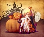  1girl aki_shizuha alternate_costume alternate_hairstyle arinu bare_legs basket bat blonde_hair blush candy church cross graveyard hair_ornament halloween high_heels jack-o&#039;-lantern leaf leaf_hair_ornament looking_at_viewer maple_leaf pumpkin short_hair side_ponytail smile solo touhou 