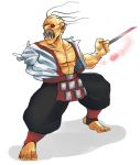  1boy amputee arm_blade baggy_pants bald baraka_(mortal_kombat) blood fusion g138 mortal_kombat oro_(street_fighter) pants pointy_ears red_eyes sharp_teeth solo street_fighter street_fighter_iii toeless_socks toes weapon yellow_skin 